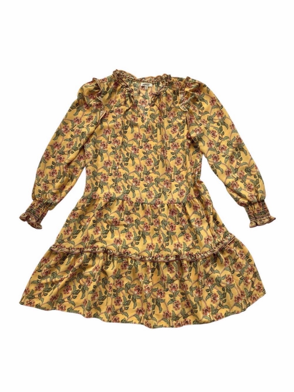 Max Studio Yellow Floral Tiered Long-Sleeve Dress Ruffle Trim